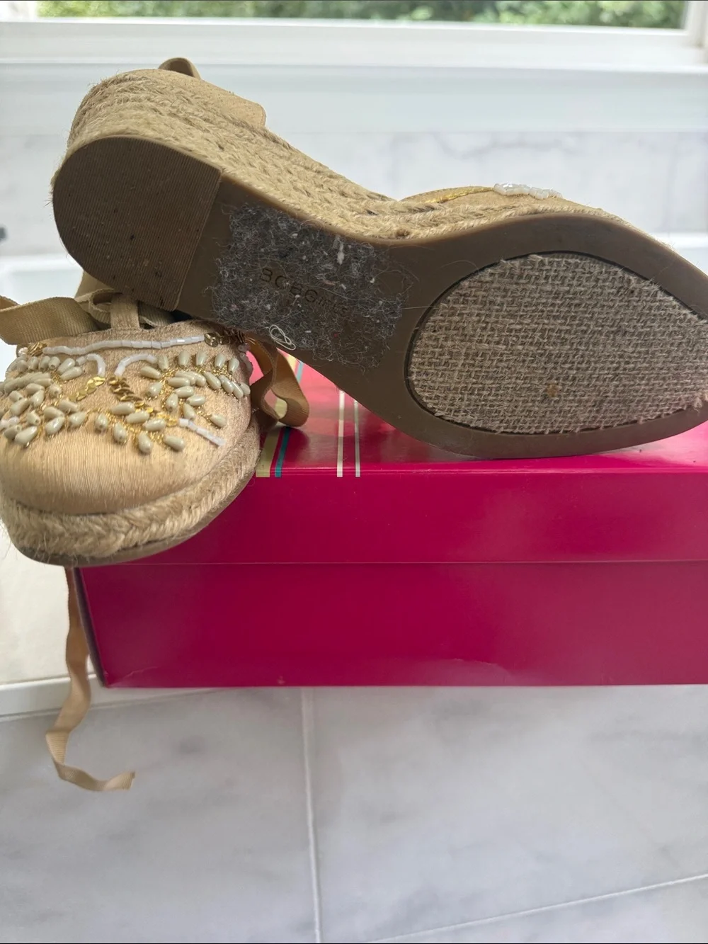 BCBG Tan Embellished Lace-Up Espadrilles